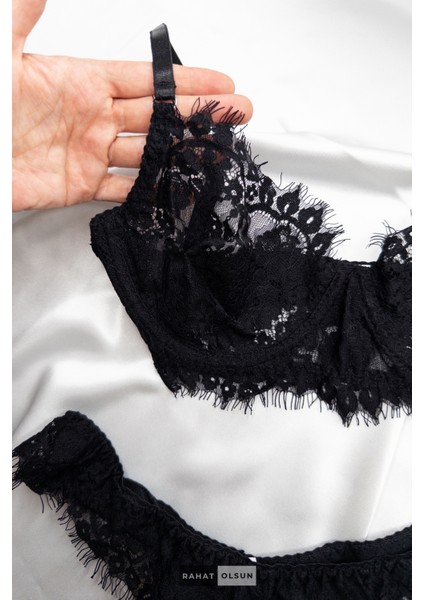 (3 Parça) Dantelli Transparan Tül Detaylı Siyah Kadın Jartiyer Set fiyatları
