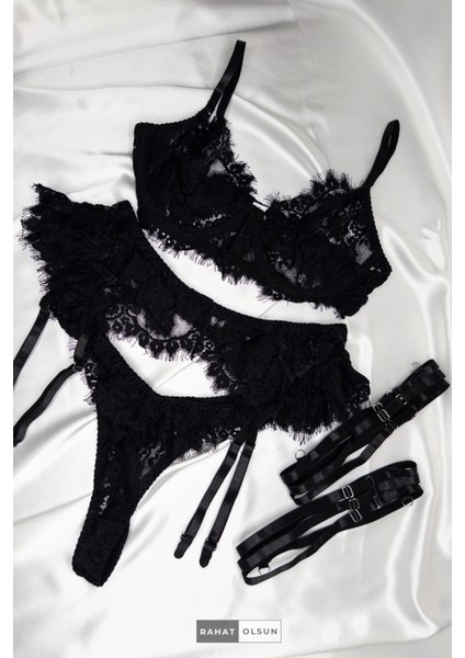 (3 Parça) Dantelli Transparan Tül Detaylı Siyah Kadın Jartiyer Set modelleri