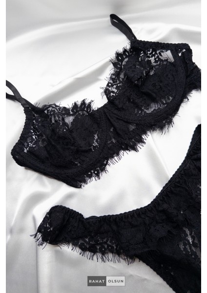 (3 Parça) Dantelli Transparan Tül Detaylı Siyah Kadın Jartiyer Set fırsatları