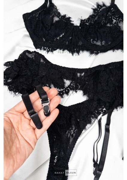 (3 Parça) Dantelli Transparan Tül Detaylı Siyah Kadın Jartiyer Set indirimleri