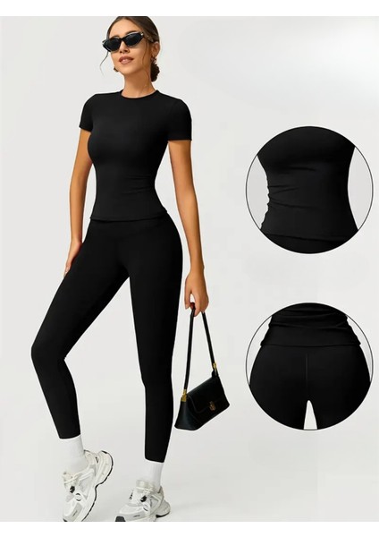 2'li Spor Takım Kadın Uzun Kol Spor Body & Tayt Plates Gym Yoga Koşu Fitness Alt Üst 2'li