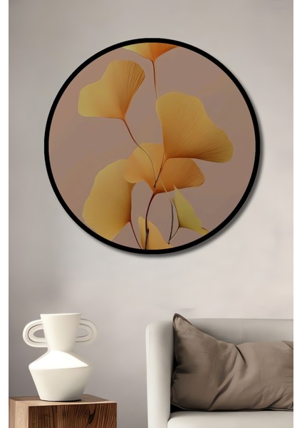 Çerçeve Görünümlü Gingko Yaprağı Dekoratif Ahşap Mdf Ev Duvar Tablo Yuvarlak Ev Duvar Tablo