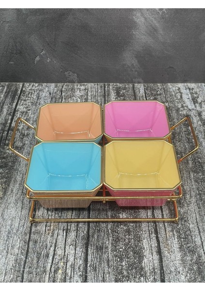 4 Bölmeli Gold Standlı Cam Kahvaltılık Çerezlik Sunumluk Renkli