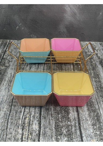 4 Bölmeli Gold Standlı Cam Kahvaltılık Çerezlik Sunumluk Renkli fiyatları