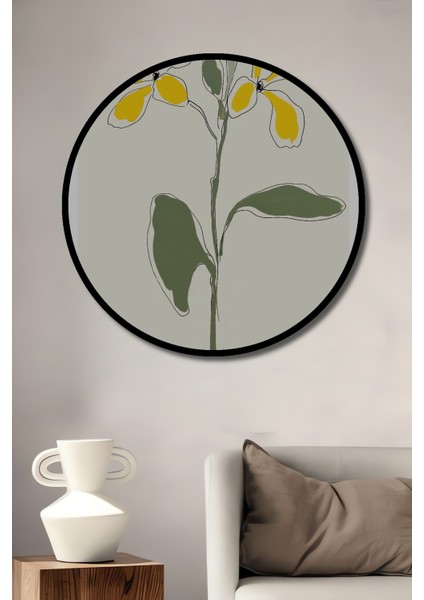 Çerçeve Görünümlü Sarı Çiçekler Dekoratif Ahşap Mdf Ev Duvar Tablo Yuvarlak Ev Duvar Tablo