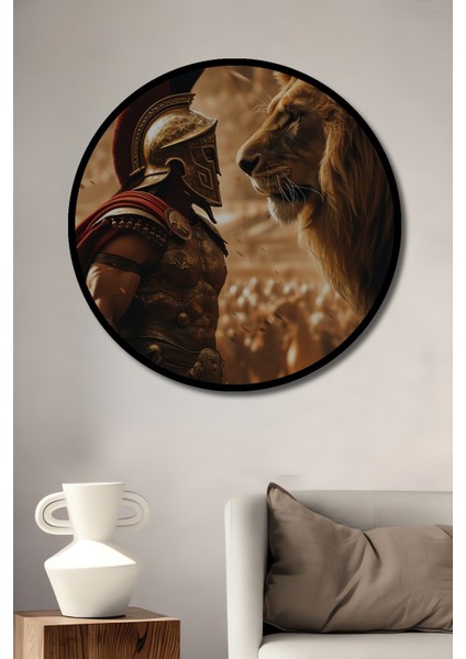 Çerçeve Görünümlü Gladyatör Aslan Dekoratif Ahşap Mdf Ev Duvar Tablo Yuvarlak Ev Duvar Tablo