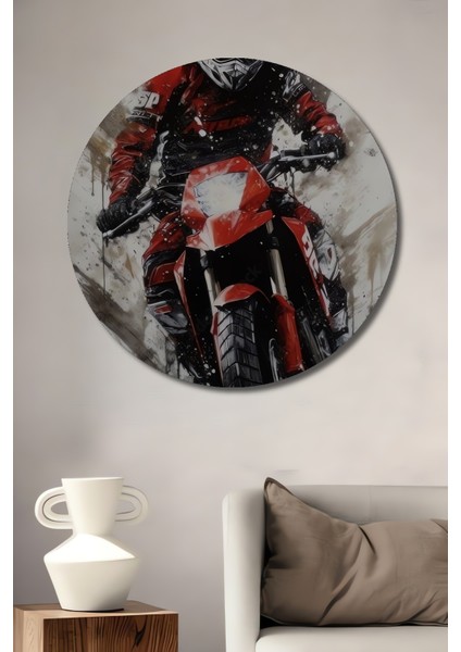 Hız Tutkusuyle Motosikletçi Dekoratif Ahşap Mdf Işyeri Duvar Tablo Yuvarlak Işyeri Duvar Tablo