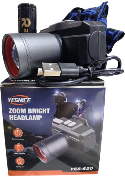 YS-620 Profesyonel Kafa Lambası | 15W – 1500 Lümen – Zoomlu – Type-C Şarj – 3800 Mah Batarya