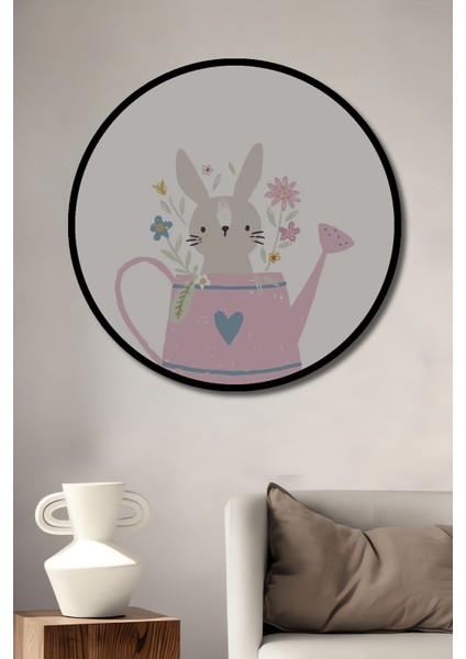 Çerçeve Görünümlü Tavşan ve Çiçekli Sulama Kabı Ahşap Mdf Dekoratif Tablo Yuvarlak Tablo