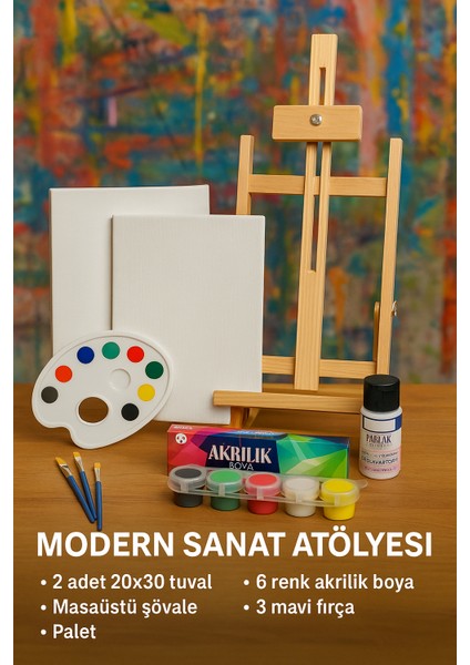 Resim - Boya Seti Lüks - Masa Şövalesi, 2 Adet Tuval, Resim Verniği, Akrilik Boya, Palet, (Şövalye) Lüks Resim Seti