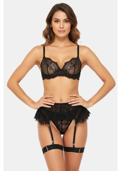 (3 Parça) Dantelli Transparan Tül Detaylı Siyah Kadın Jartiyer Set