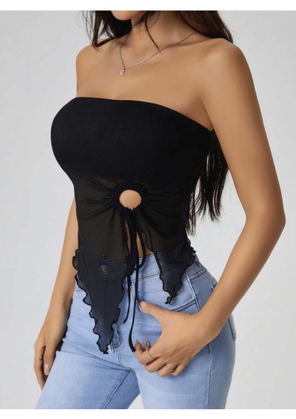 Kadın Siyah Crop Önden Halka Büzgü Detaylı 5094 fiyatları