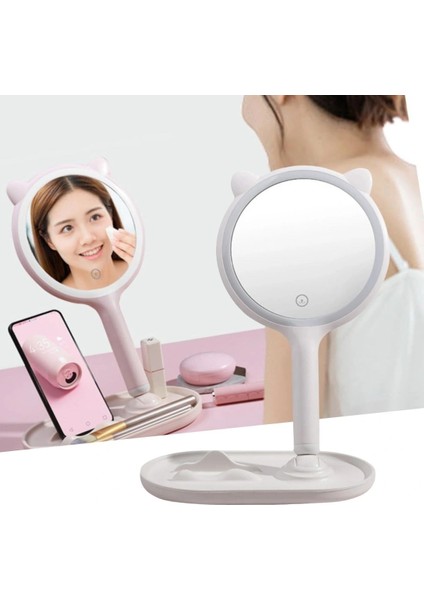 Buffer® Kedi Kulaklı Telefon Standlı Yuvarlak Dokunmatik LED Ayarlı Masa Üstü Makyaj Aynası
