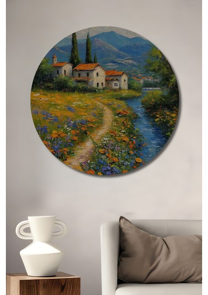 Bahar Manzarasında Kır Evleri Dekoratif Ahşap Mdf Tablo Yuvarlak Tablo