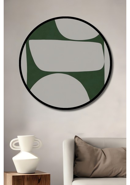 Çerçeve Görünümlü Soyut Yeşil Formlar Dekoratif Ahşap Mdf Ev Duvar Tablo Yuvarlak Ev Duvar Tablo