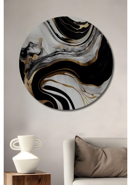 Soyut Altın Siyah Mermer Ahşap Mdf Dekoratif Ev/işyeri Duvar Tablo Yuvarlak Ev/işyeri Duvar Tablo
