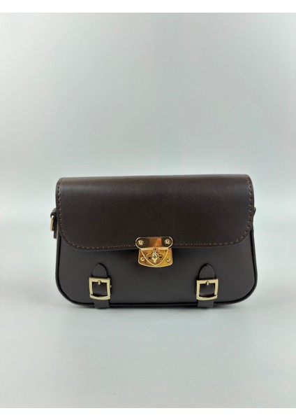 Kadın Suni Deri Kahve Tokalı Retro Mini Boy El ve Omuz Çantası