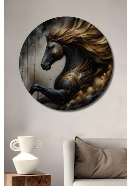 Altın Rüzgar Atı Dekoratif Ahşap Mdf Ev/işyeri Duvar Tablo Yuvarlak Ev/işyeri Duvar Tablo