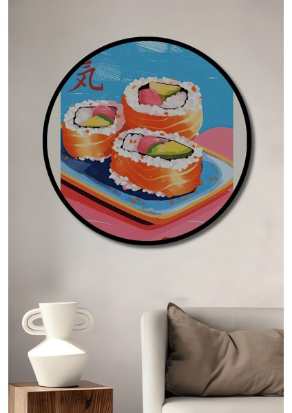 Çerçeve Görünümlü Sushi Sanatı Dekoratif Ahşap Mdf Işyeri Duvar Tablo Yuvarlak Işyeri Duvar Tablo