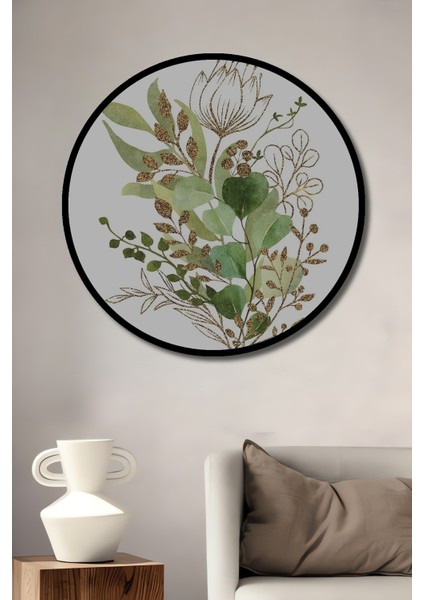 Çerçeve Görünümlü Minimalist Botanik Ahşap Mdf Dekoratif Ev Duvar Tablo Yuvarlak Ev Duvar Tablo