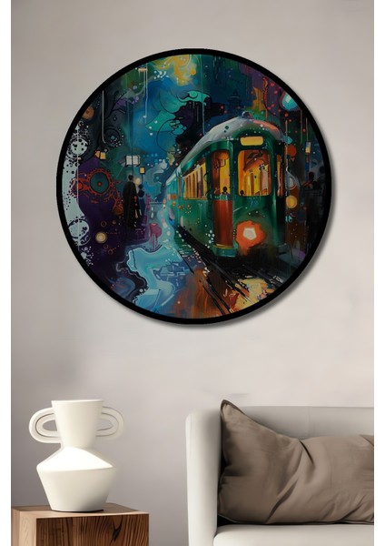 Çerçeve Görünümlü Renkli Gece Şehri Dekoratif Ahşap Mdf Ev Duvar Tablo Yuvarlak Ev Duvar Tablo