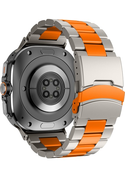 Samsung Galaxy Watch Ultra 47MM Saat Kayışı Titanyum Alaşımlı Üç Boncuklu Bileklik Kayışı Aletli - Titanyum + Turuncu (Yurt Dışından)
