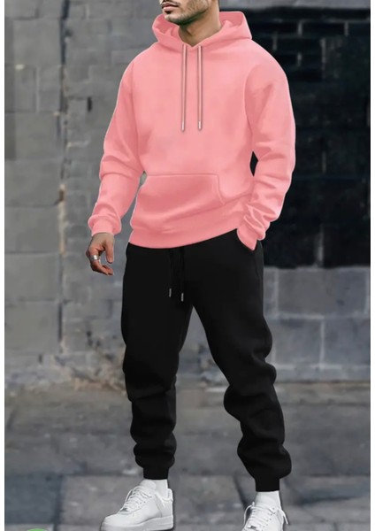 Punıx Büyük Beden Özel Seri Kapüşonlu Baskısız Düz Renk %100 Pamuk Kışlık Erkek Kombin Eşofman Takımı