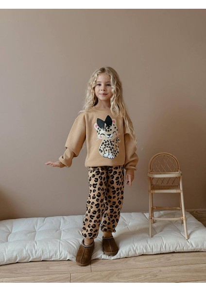Kız Çocuk Leopar Desenli Kedili Sweatshirtli Kışlık Takım modelleri
