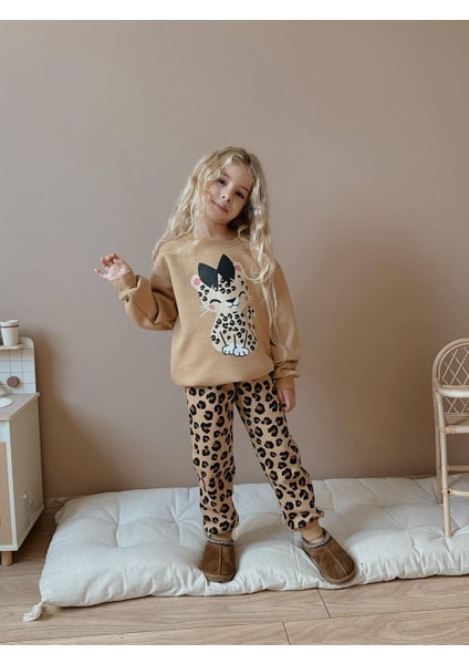Kız Çocuk Leopar Desenli Kedili Sweatshirtli Kışlık Takım fırsatları