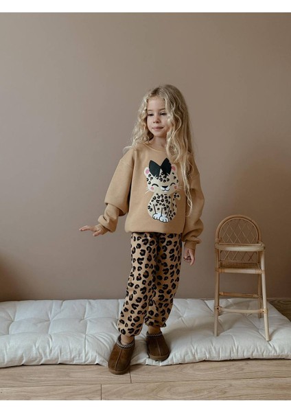Kız Çocuk Leopar Desenli Kedili Sweatshirtli Kışlık Takım indirimleri