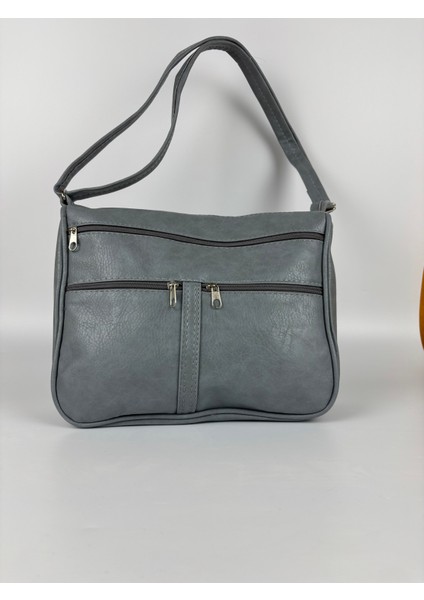 Kadın Suni Deri Gri Fermuarlı Çok Cepli Günlük Midi Boy Omuz Çantası fiyatları