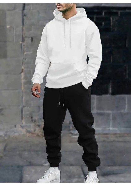 Punıx Büyük Beden Özel Seri Kapüşonlu Baskısız Düz Renk %100 Pamuk Kışlık Erkek Kombin Eşofman Takımı