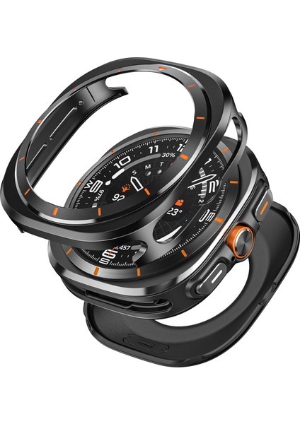 Samsung Galaxy Watch Ultra 47MM Saat Kılıfı Alüminyum Alaşım + Pc Koruyucu Kapak - Siyah + Turuncu (Yurt Dışından)