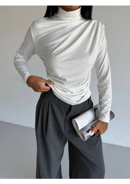 Boğazlı Sandy Kumaş Dar-Slim Kalıp Drapeli Bluz