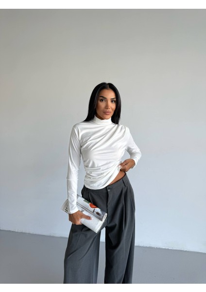 Boğazlı Sandy Kumaş Dar-Slim Kalıp Drapeli Bluz fiyatları
