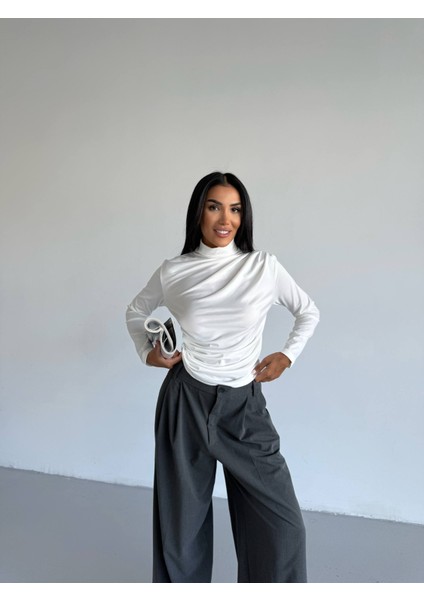 Boğazlı Sandy Kumaş Dar-Slim Kalıp Drapeli Bluz modelleri