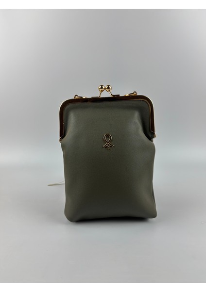 Kadın Suni Deri Haki Metal Çerçeveli Vintage Mini Boy El Çantası modelleri