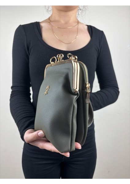 Kadın Suni Deri Haki Metal Çerçeveli Vintage Mini Boy El Çantası