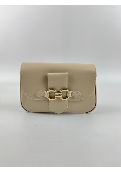 Kadın Suni Deri Krem Altın Toka Detaylı Mini Boy El Çantası