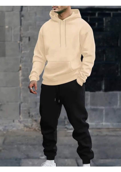 Punıx Büyük Beden Özel Seri Kapüşonlu Baskısız Düz Renk %100 Pamuk Kışlık Erkek Kombin Eşofman Takımı