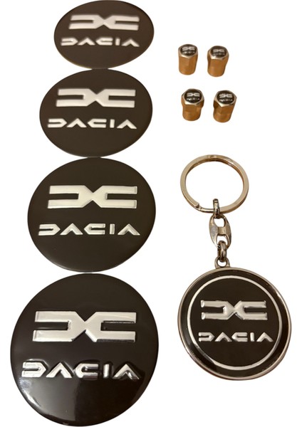 Dacia Çift Yönlü Metal Anahtarlık 4 Adet Alüminyum Sibop Kapak ve 56 mm Alüminyum 4 Adet Jant Göbek