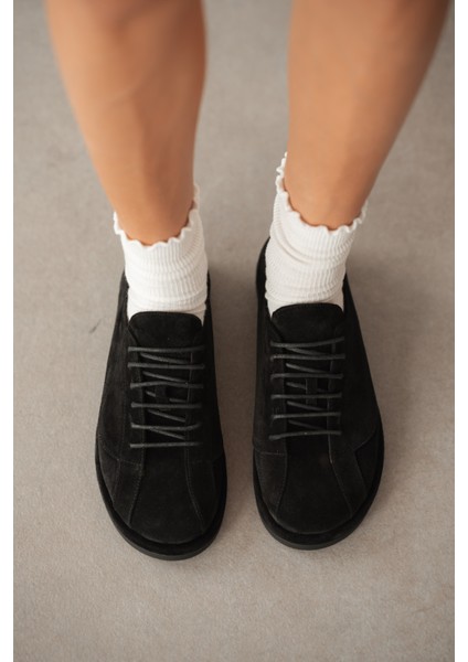 Nelline Hakiki Deri Bağcıklı Kadın Ayakkabı- Siyah Süet