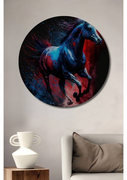 Koşan Mavi At Dekoratif Ahşap Mdf Ev/işyeri Duvar Tablo Yuvarlak Ev/işyeri Duvar Tablo