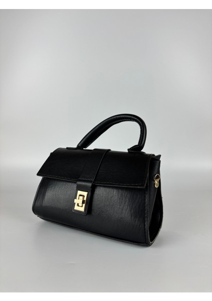 Kadın Suni Deri Siyah Kilit Detaylı Modern Maxi Boy Omuz Çantası