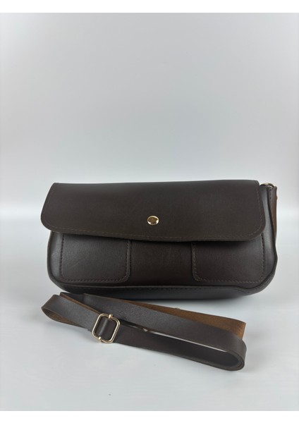 Kadın Suni Deri Kahverengi Düz Form Minimal Mini Boy El ve Omuz Çantası