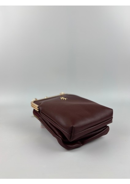 Kadın Suni Deri Bordo Metal Çerçeveli Vintage Mini Boy El Çantası