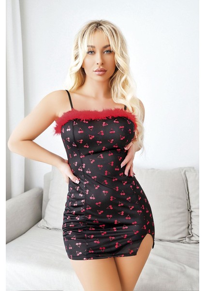 Kiraz Desenli Peluş Detaylı Mini Fantezi Gecelik fiyatları