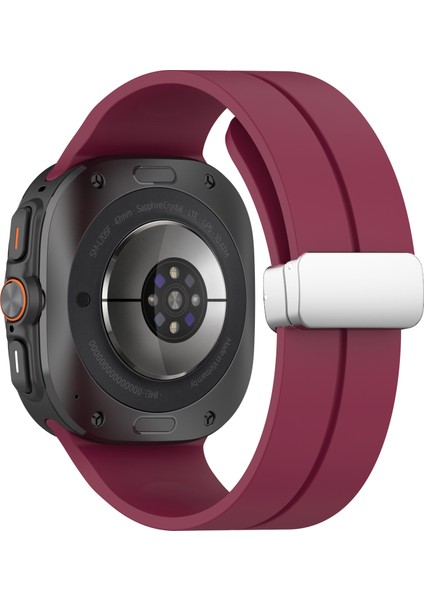 Samsung Galaxy Watch Ultra 47MM Silikon Akıllı Saat Kayışı Gümüş Manyetik Katlanır Tokalı - Şarap Kırmızısı (Yurt Dışından)