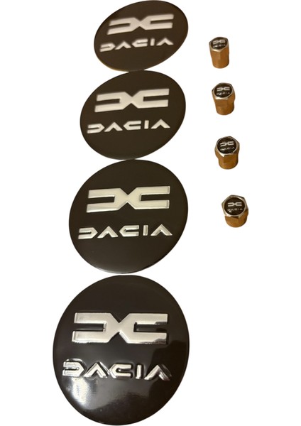 Dacıa Logolu Alüminyum 4 Adet 56 mm Jant Göbek ve 4 Adet Logolu Alüminyum Sibop Kapak