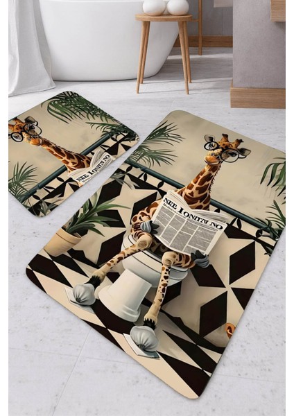 |banyo ve Tuvalet Paspası Gazete Okuyan Zürafa Motifi Modern Tasarım|paspas